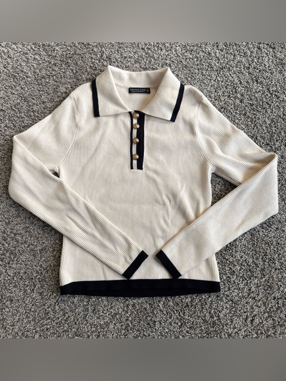 Cream Long Sleeve Polo Sweater with Black Trim